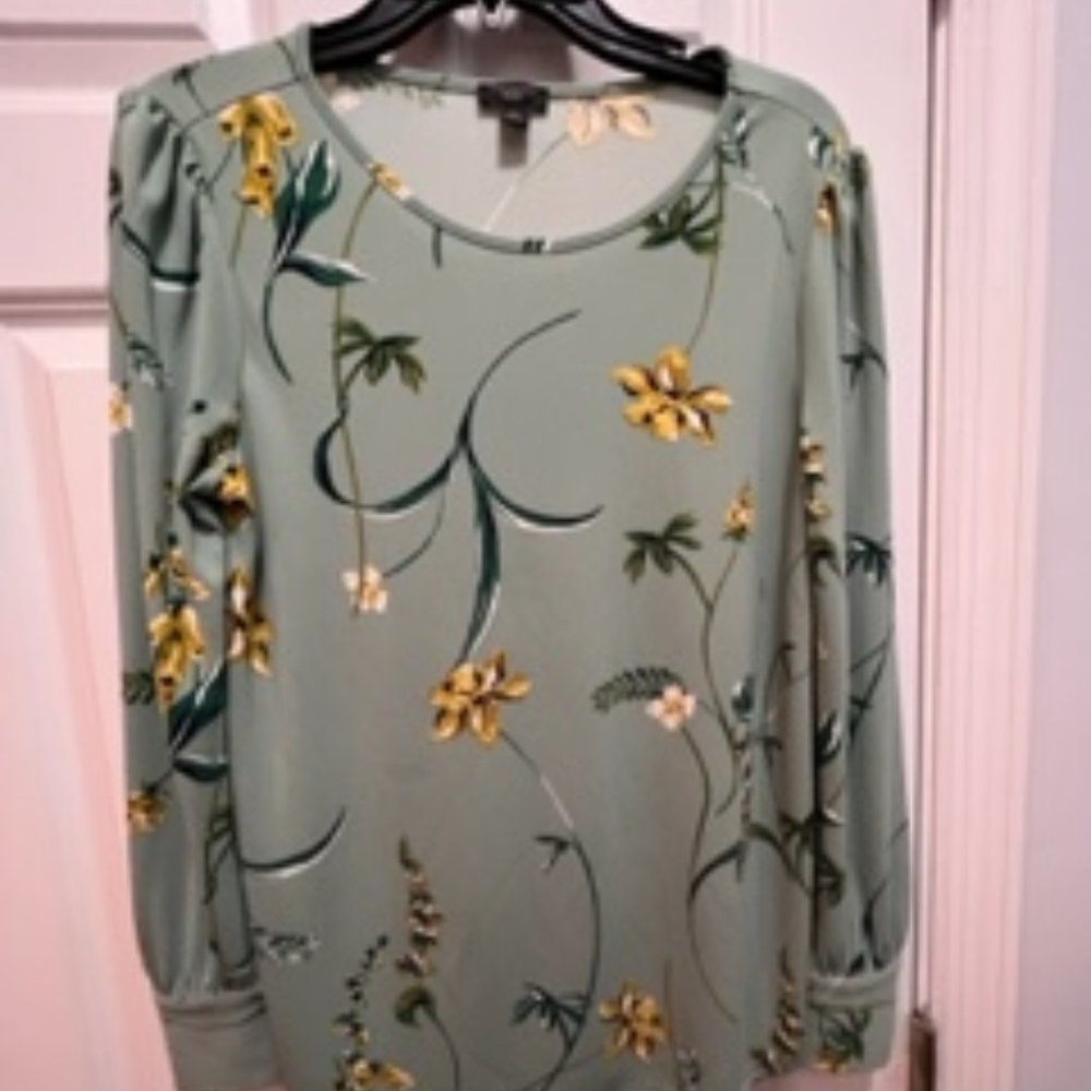 Ann Taylor factory blouse MP mint green floral long sleeves